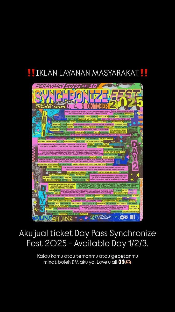 Nariendraw's tweet photo. Hi peeps! Aku jual ticket daily pass 1/2/3 Synchronize Fest 2025. Let’s goo DM aku yah kalau kamu atau temen kamu atau gebetan kamu butuh!!💃🪩 #Synchronizefest  #Synchronizefest2025 #WTB #WTS #zonauang https://t.co/LBM7xyVzB3