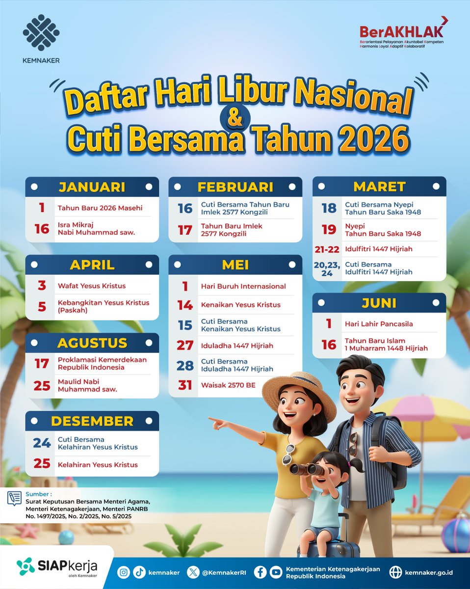 KemnakerRI's tweet photo. Rekanaker, ini dia daftar lengkap Hari Libur Nasional &amp; Cuti Bersama 2026

Yuk, rencanakan aktivitasmu dari sekarang agar liburan makin bermanfaat dan produktif! https://t.co/EJ3Z6oOliE
