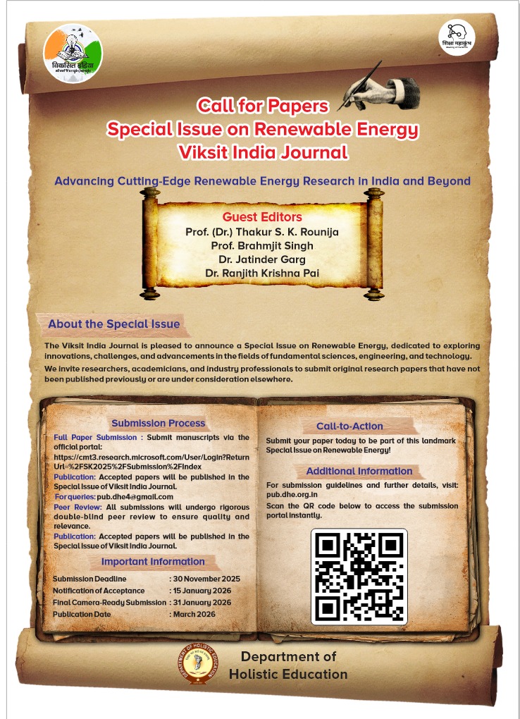 📢 Call for Papers – Special Issue on Renewable Energy
Viksit India Journal invites researchers, academicians, and industry professionals to submit original research papers for its upcoming Special Issue on Renewable Energy.

cmt3.research.microsoft.com/User/Login?Ret…