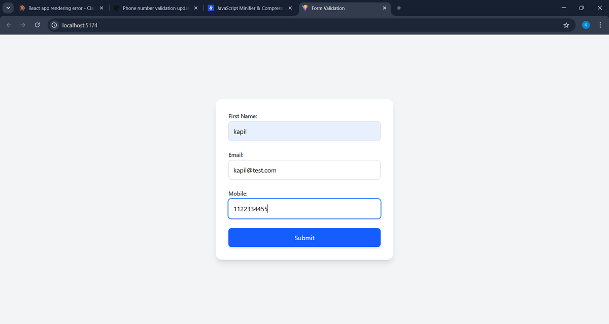KapilYadav30's tweet image. Dived into react-hook-form today! 📝
Built a clean form with validations (name, email, mobile) using:
✅ Required fields
✅ Min/Max length checks
✅ Patterns
✅ Errors
Loving how simple yet powerful this library is for handling forms in React 💡
#ReactJS #WebDev #reacthookform