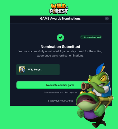 Hello Wild Forest fam! 

It’s time to show your support! 💚

Nominate Wild Forest in <a href="/GAM3Sgg_/">GAM3S.GG</a>  as your favorite Web3 game AND cast your vote for your favorite Wild Forest Content Creator!

Cast your votes here:
gam3s.gg/gam3awards 

Once you’re done voting, drop a comment