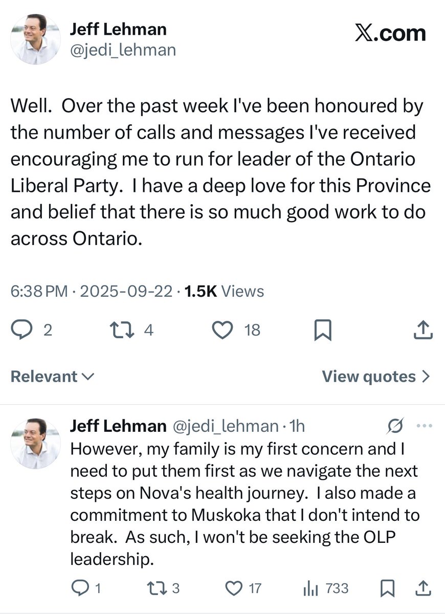 siomoCTV's tweet photo. Former Barrie mayor Jeff Lehman says he won't run for Ontario Liberal leadership 

Running as a Liberal in 2022, Lehman came within ~300 votes of unseating of Attorney General Doug Downey https://t.co/rsPc7UbzCK