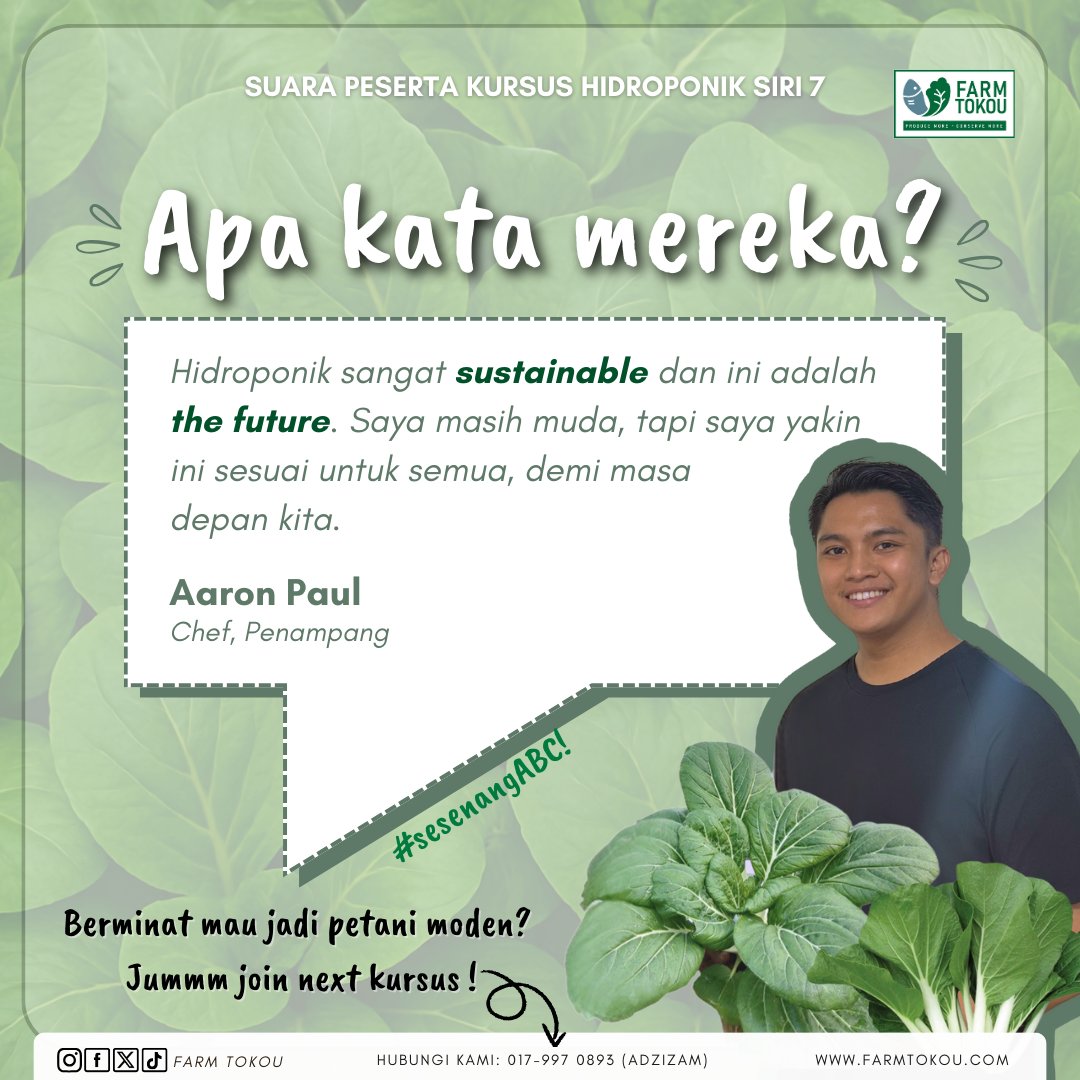 FarmTokou's tweet photo. Hidroponik semakin mendapat tempat bukan saja di kalangan petani, tapi juga anak muda, guru, dan suri rumah. Mereka datang dengan latar belakang berbeza, tapi semua pulang dengan semangat baru.

Jom dengar suara peserta kami✨
#GENitrateSolutions #farmtokou #penampang https://t.co/e0StD5X3TJ