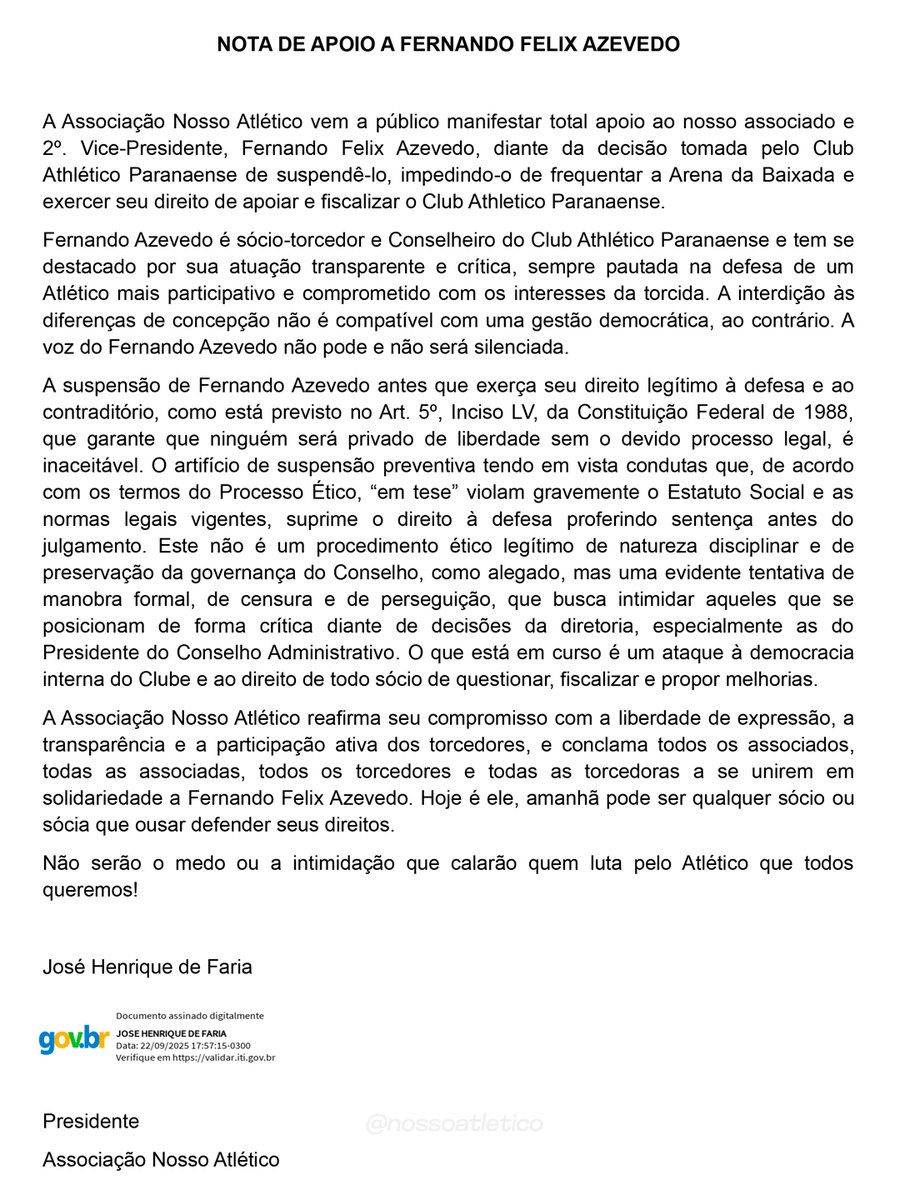 nossoatletico's tweet photo. NOTA DE APOIO A FERNANDO FELIX AZEVEDO @FernandoCapTof https://t.co/zLgSW5VKYu