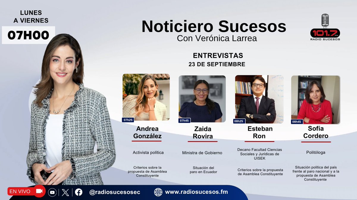 Radio Sucesos Ecuador (@radiosucesosec) on Twitter photo 📆 Agenda | de 23 de septiembre
Desde las 07h00 en #NoticieroSucesos junto a <a href="/verocha16/">Vero Larrea</a> analizamos temas de interés:
1️⃣ Andrea González <a href="/AndreGonzalezNa/">AndreaGonzalezNader</a>
2️⃣ Zaida Rovira <a href="/MinGobiernoEc/">Ministerio de Gobierno Ecuador</a>
3️⃣ Esteban Ron <a href="/EstebanPRonC/">Esteban Ron Castro</a>
4️⃣ Sofía Cordero <a href="/sofirula/">Sofia Cordero</a>
📻101.7FM 📆 Agenda | de 23 de septiembre
Desde las 07h00 en #NoticieroSucesos junto a <a href="/verocha16/">Vero Larrea</a> analizamos temas de interés:
1️⃣ Andrea González <a href="/AndreGonzalezNa/">AndreaGonzalezNader</a>
2️⃣ Zaida Rovira <a href="/MinGobiernoEc/">Ministerio de Gobierno Ecuador</a>
3️⃣ Esteban Ron <a href="/EstebanPRonC/">Esteban Ron Castro</a>
4️⃣ Sofía Cordero <a href="/sofirula/">Sofia Cordero</a>
📻101.7FM