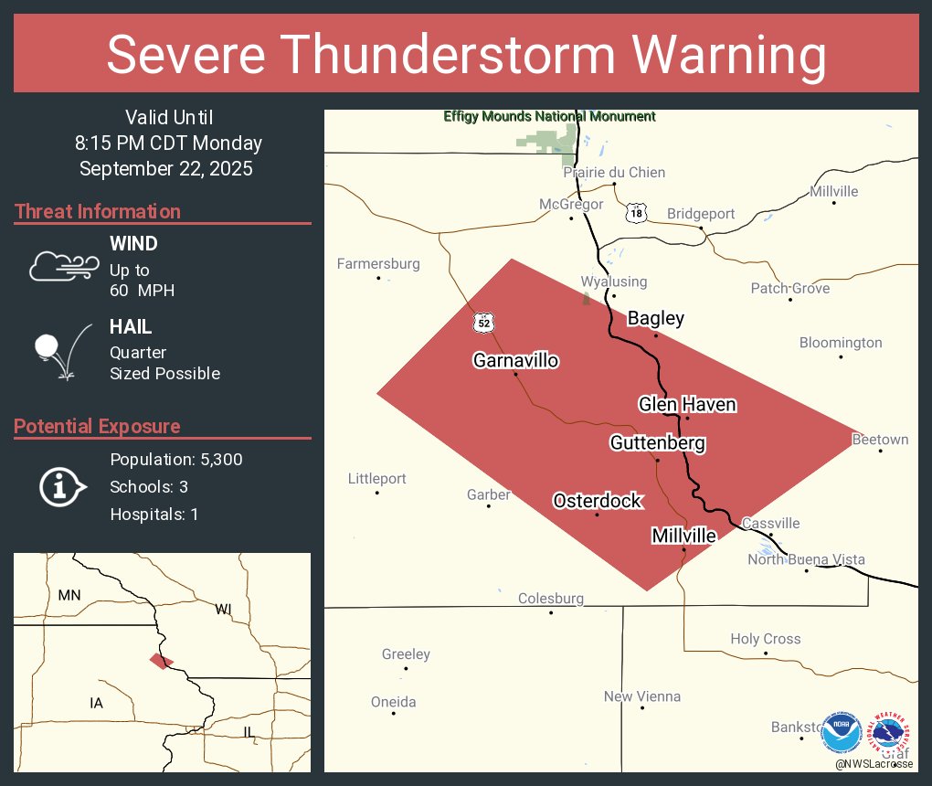 Severe Thunderstorm Warning including Guttenberg IA, Garnavillo IA and  Bagley WI until 8:15 PM CDT