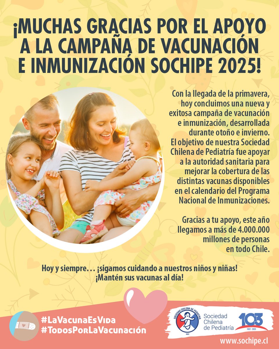 ¡MUCHAS GRACIAS POR EL APOYO A LA CAMPAÑA DE VACUNACIÓN E INMUNIZACIÓN SOCHIPE 2025!
Concluye una nueva y exitosa campaña en apoyo a la autoridad sanitaria para mejorar la cobertura de las vacunas del PNI. Este año llegamos a más de 4.000.000 millones de personas en todo Chile 💪