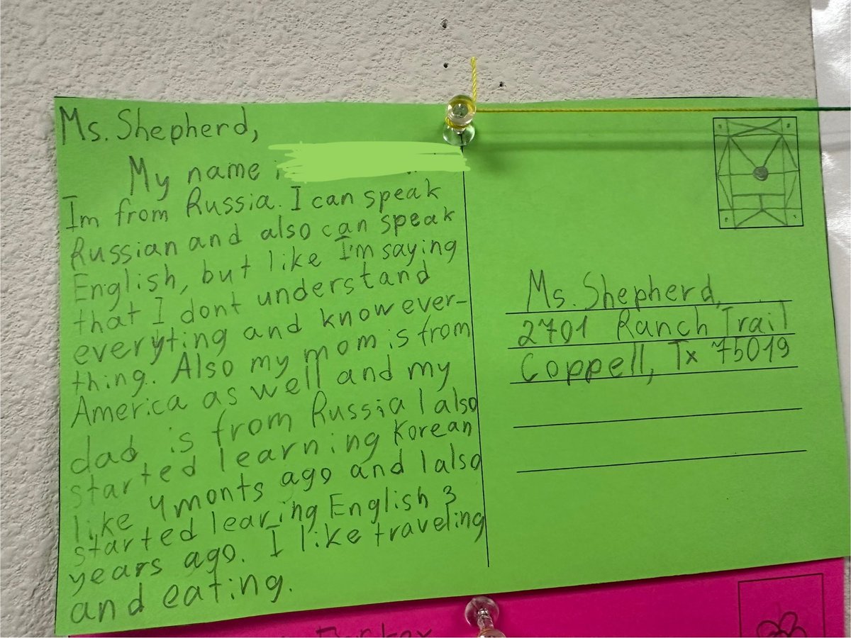 MsLShepherd's tweet image. Learners in our classes wrote postcards activity sharing about their home countries. @friskeyc, @VeenaESL, and I  loved learning more about where our learners are from and their cultures! @CMSWestWrangler #WestFam @CoppellESLBIL #CoppellESLBIL
