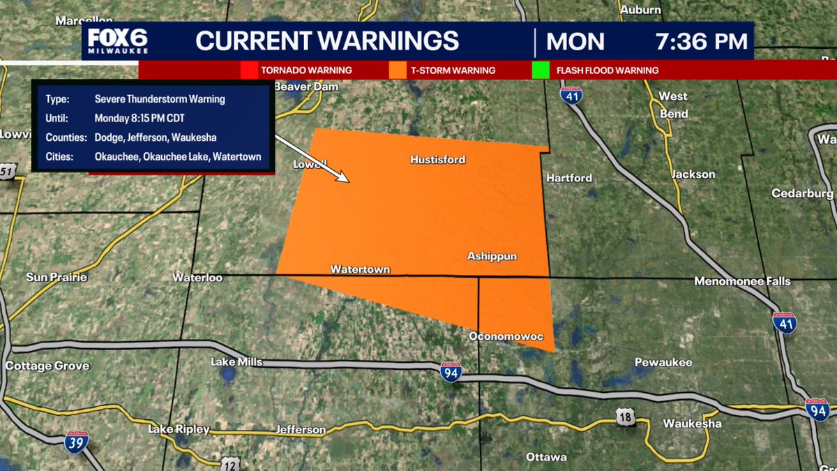 A Severe Thunderstorm Warning has been issued for parts of SE WI until 9/22 8:15PM. Make sure your cell phone emergency alerts are set to "ON." Tune into FOX6, Download the FOX6 Storm Center App &amp; FOX Local App for the latest information.