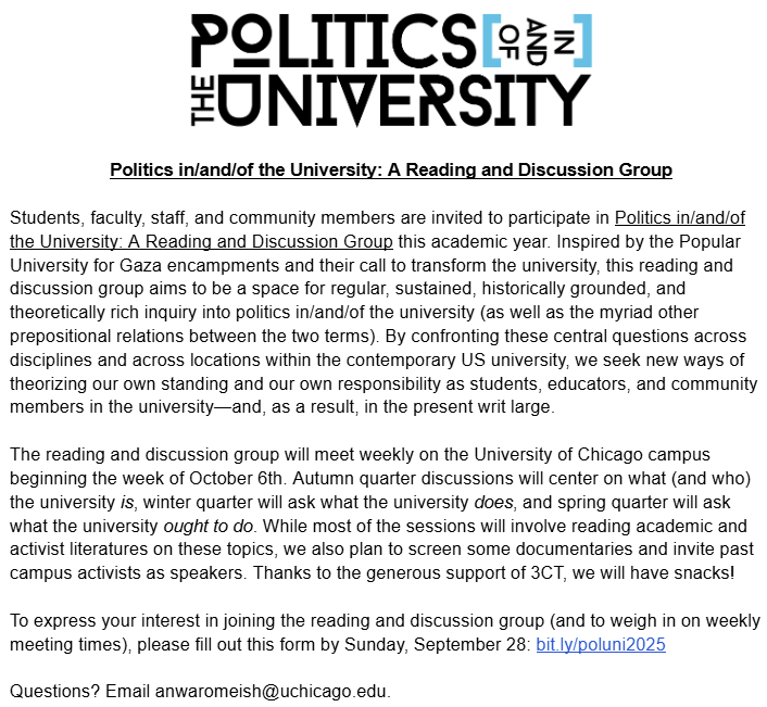 anwaaaaro's tweet photo. ppl in &amp; around UChi: join me for POLITICS IN/AND/OF THE UNIVERSITY: A READING &amp; DISCUSSION GROUP!
To express interest, pls fill out by Sunday 9/28: https://t.co/OGAsAxfClh https://t.co/a6Rx88h54H