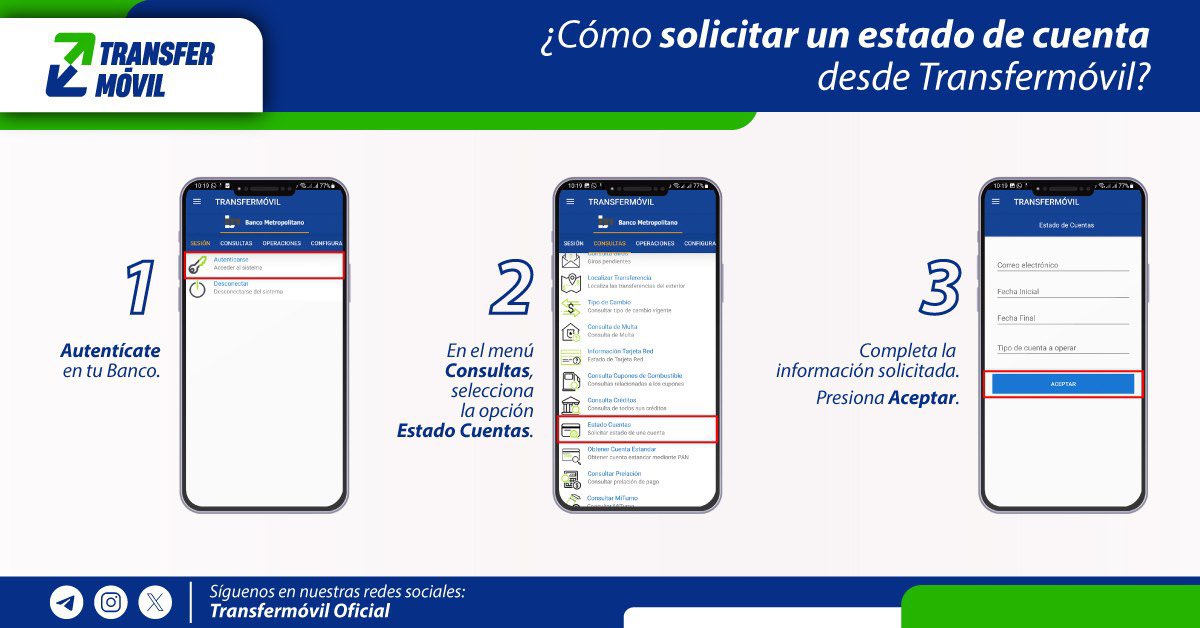 Odailysgr's tweet photo. ¿Quieres monitorear los movimientos realizados con tu cuenta bancaria? Entonces requieres un estado de cuenta. 👩🏻‍💻

Sigue los pasos que te mostramos en la imagen para solicitarlo desde Transfermóvil ⬆️⬆️📎.
#TransferTutorial
#ArtemisaJuntosSomosMás https://t.co/lEv2NryYaj