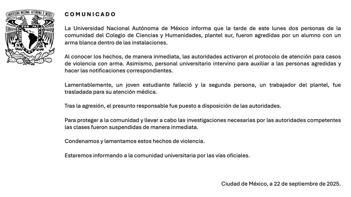 LupitaJuarezH's tweet image. 🔴 Autoridades de la #UNAM condenaron el asesinato de un alumno en el #CCH sur, donde también resultó herido un trabajador, luego de ser agredidos por un estudiante embozado que ingresó con armas al plantel y que tras el ataque se lanzó de un edificio, por lo que fue trasladado a