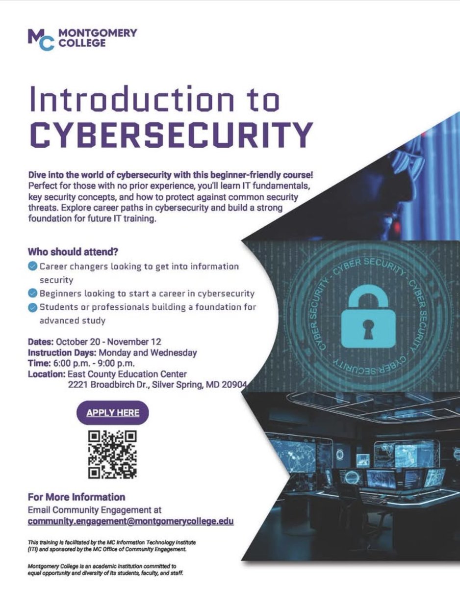 FREE Intro to Cybersecurity class at the 
<a href="/montgomerycoll/">Montgomery College</a> ECEC! Scan the QR code for more information <a href="/MontgomeryCoMD/">Montgomery County MD Government</a>  <a href="/MoCoCouncilMD/">Montgomery Council</a> <a href="/MCPL_Libraries/">Montgomery County Public Libraries (MD)</a> #WDCE #ITI #BeExtraordinaryMC