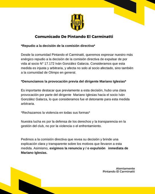 Pedimos a la comisión directiva que revea su decisión y brinde una explicación clara y transparente sobre los motivos que llevaron a esta medida. Asimismo, exigimos la renuncia y / o expulsión inmediata de Mariano Iglesias.