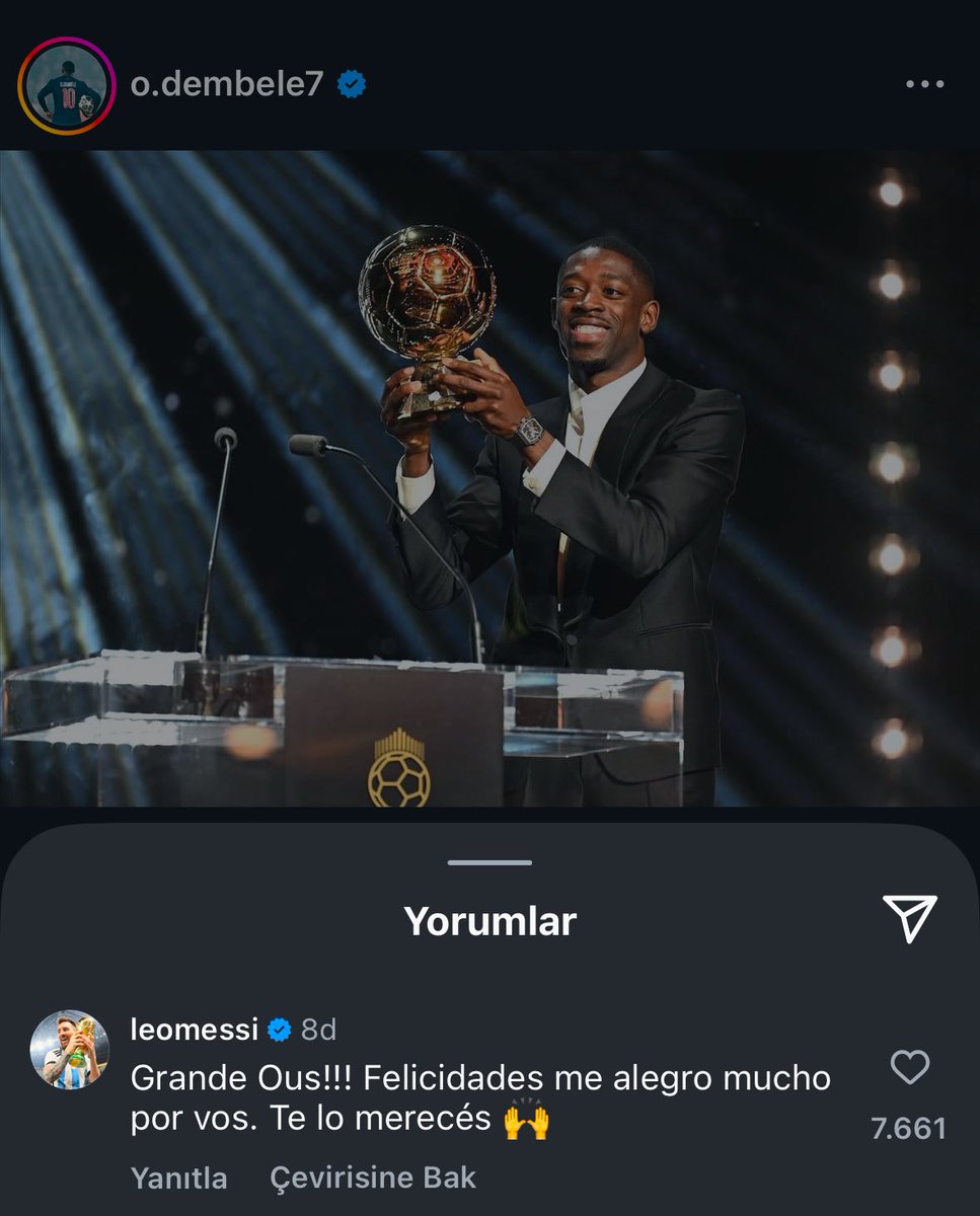 🚨Lionel Messi, Dembele’nin İnstagram postuna yorum attı:

“Tebrikler Ous!!! Tebrikler, senin adına çok sevindim. Bunu hak ettin 🙌”