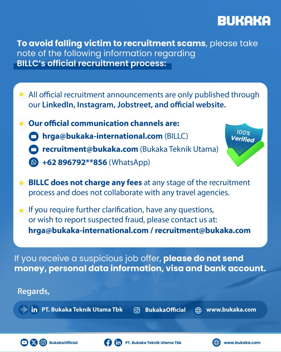 Beware of Recruitment Fraud. Stay alert and always verify information from our official sources. 🙏