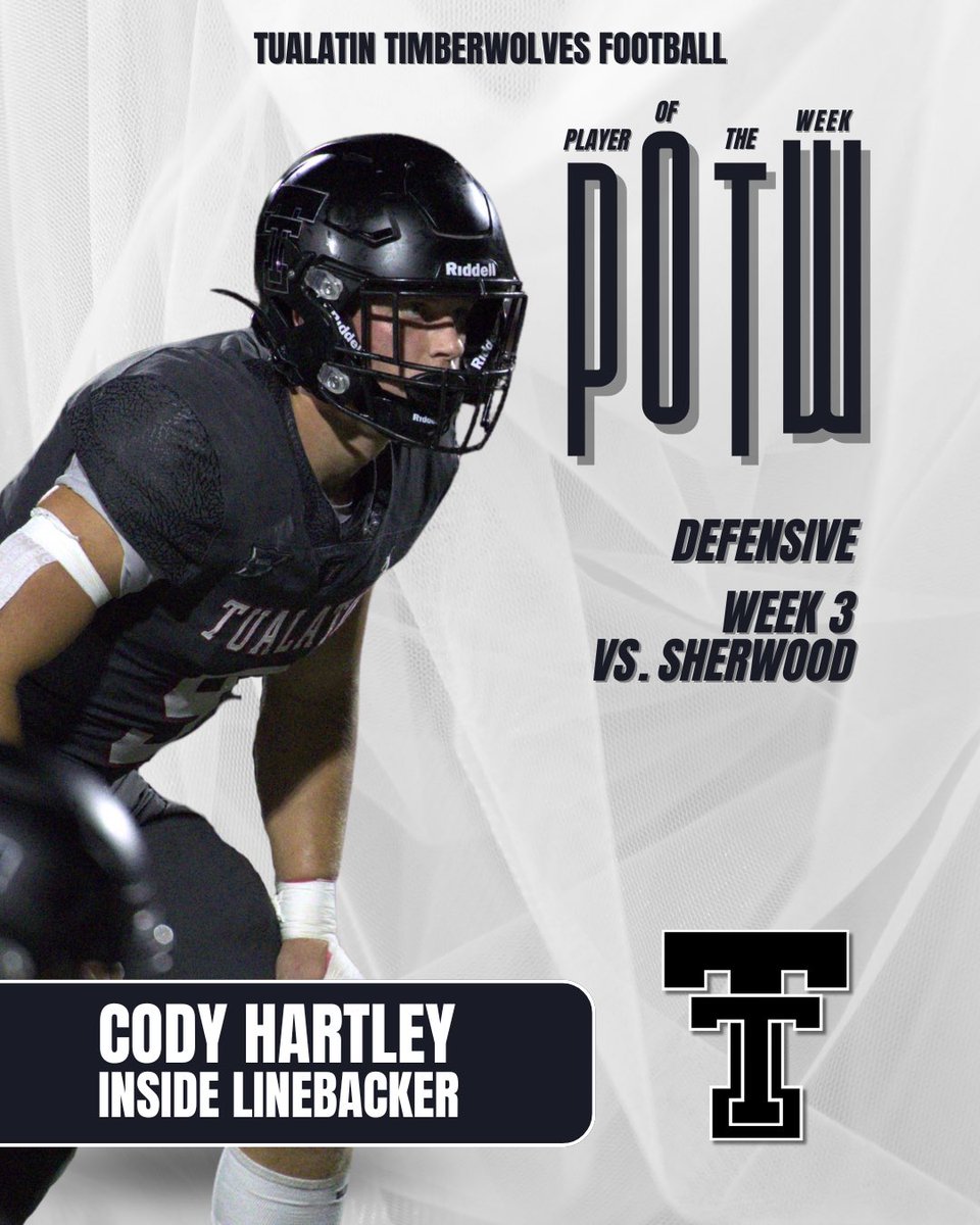 TualatinHSFB's tweet photo. 🏆 Week 3 Players of the Week 🏆
vs. Sherwood

Offense - @TrentDearborn 
Defense - @Cody_Hartley0 
Special Forces - Ethan Coddington
Shield - @ConnorLaGrow 

#AllFight https://t.co/kth4m7tJfr