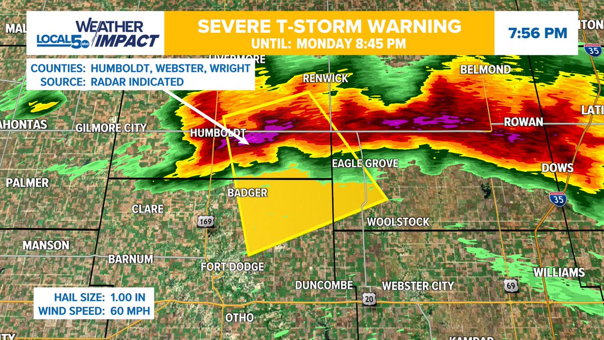 ALERT: A Severe Thunderstorm Warning is in effect until 9/22 8:45PM for Humboldt, Webster, Wright Co. Seek shelter indoors until this storm passes your area! #IAWX