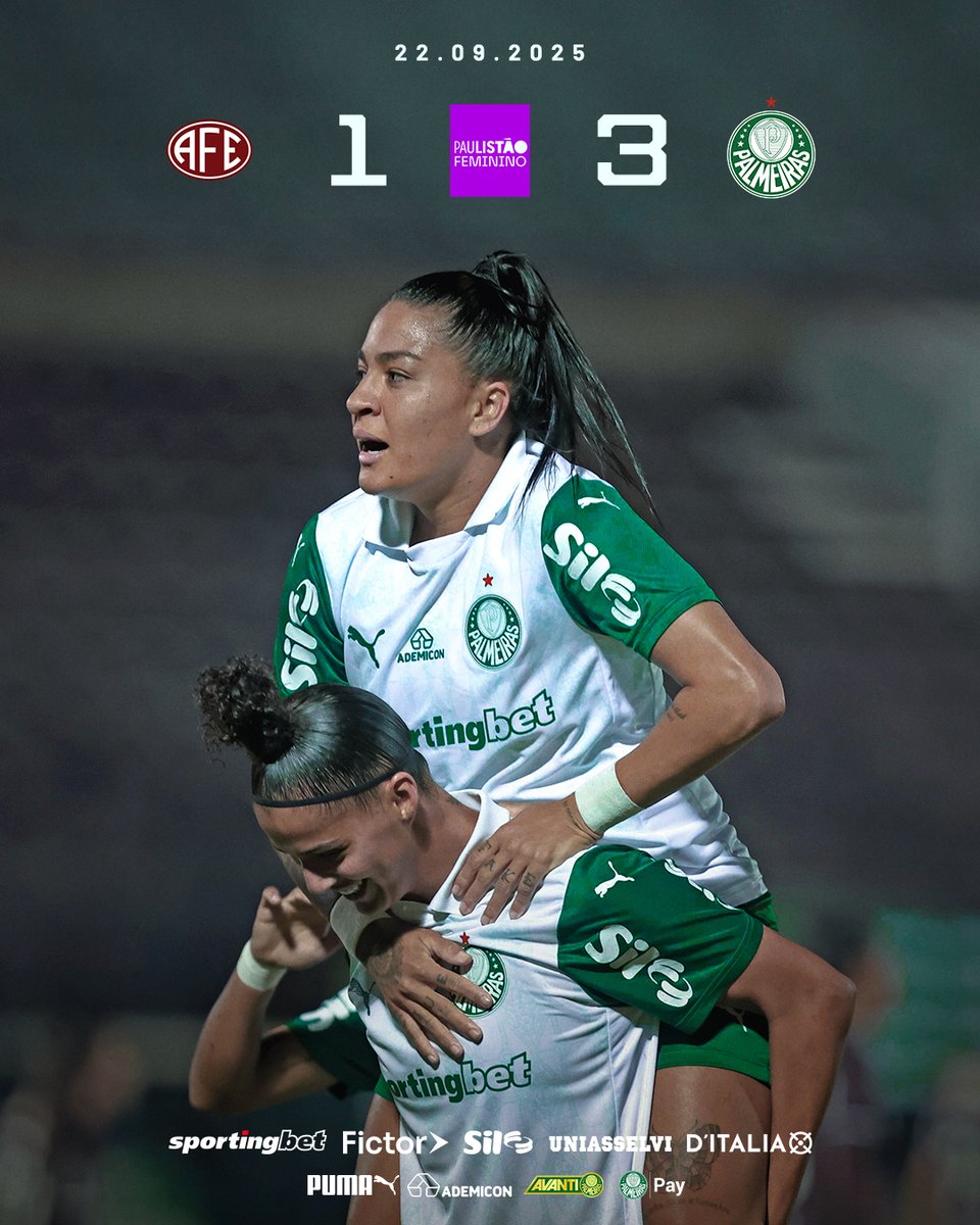 VITÓRIA PALESTRINA! 🤩💚

Pela 9ª rodada do Paulista Feminino, vencemos a Ferroviária por 3 a 1. Avanti 🟢⚪

🏆 Ferroviária 1x3 Palmeiras
⚽ Amanda Gutierres (2) e Brena.