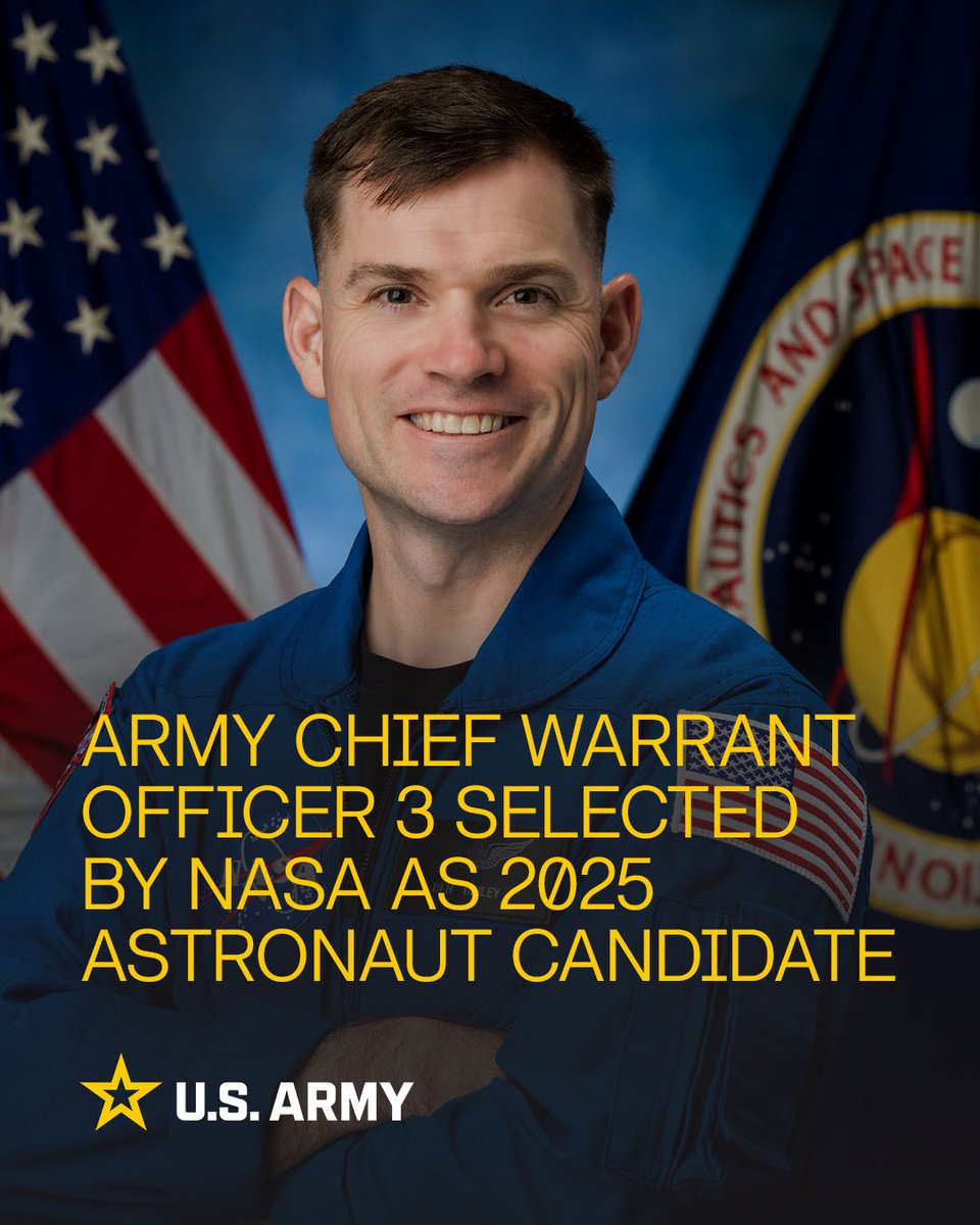 USArmy's tweet photo. Check it out! @NASA’s newest astronaut candidate U.S. Army Chief Warrant Officer 3 Joseph “Ben” Bailey. 

Bailey, a decorated aviator and test pilot with more than 11 years of service, was one of only 10 people selected from a pool of over 8,000 highly qualified civilian and military applicants. He will join the ranks of very few Soldiers who can also call themselves astronauts. 

The Army Astronaut Detachment is assigned to the @ArmySMDC. Upon completion of the candidate program, Bailey will join current Army astronauts Col. Anne McClain, detachment commander and Col. Frank Rubio.