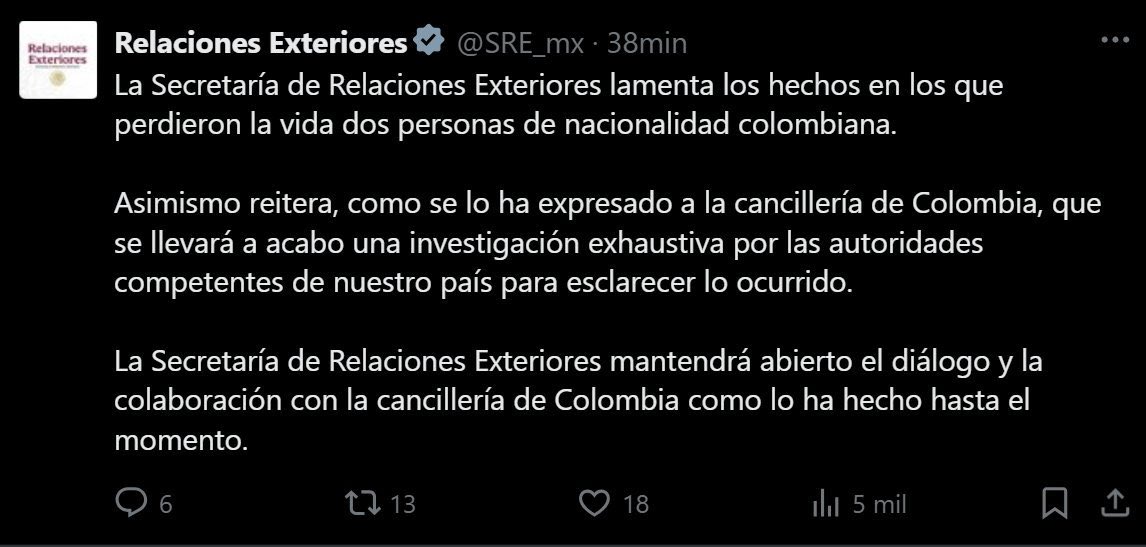 LupitaJuarezH's tweet image. 🔴 La #SRE respondió a la cancillería de Colombia que se realizará una investigación exhaustiva por parte del Gabinete de Seguridad para esclarecer el asesinato del cantante Bayron Sánchez Salazar, #BKing, y del DJ Jorge Luis Herrera Lemos, #RegioClown, cuyos cuerpos fueron…
