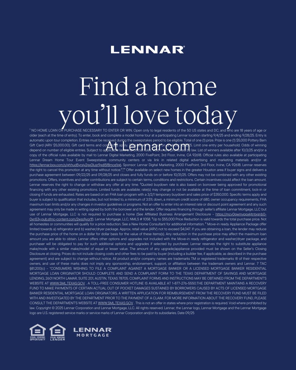 VBHouston's tweet image. 🔑 Step into your dream home at the Lennar Dream Home Tour!

Find a home you’ll love today! 💙
📲 888-671-8175

#LennarHouston #DreamHomeTour #MoveInReady #HoustonRealEstate