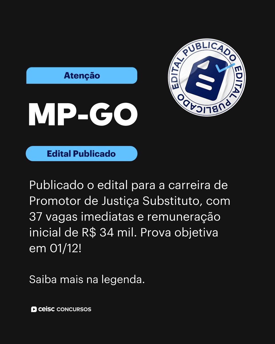 ⚠️ Edital MP-GO publicado!
📌 Vagas para Promotor de Justiça Substituto
Total de Vagas: 37
Remuneração inicial: R$ 34.083,41
Inscrições : 29/09 a 13/11
Taxa de inscrição: R$ 340,00
Banca: FGV
Data da Prova Objetiva: 01/02/2026