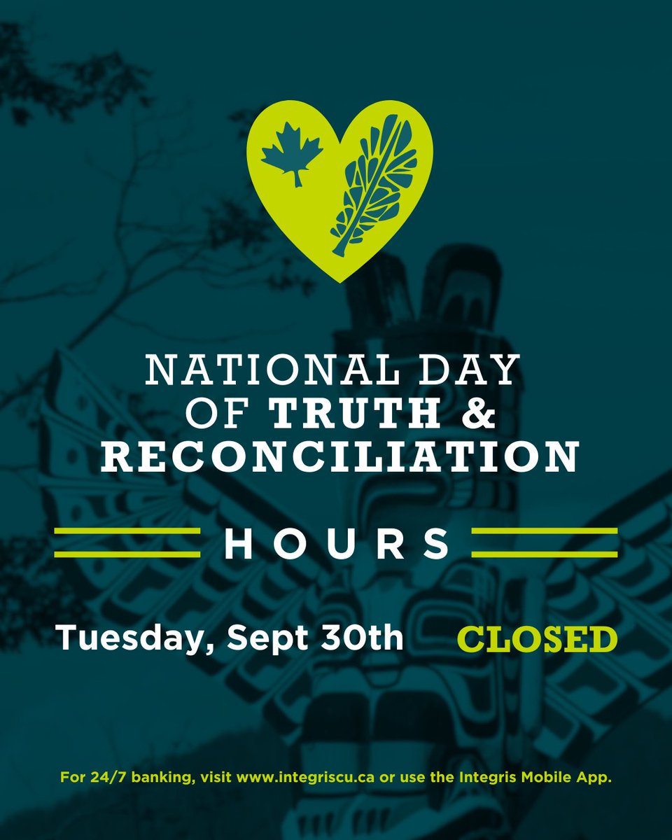 🧡 On Sept 30, we reflect, learn, and honour Indigenous communities. Our branches will be closed for the National Day for Truth &amp; Reconciliation. Online banking remains available 24/7.
💻 integriscu.ca

#TruthAndReconciliation #EveryChildMatters
