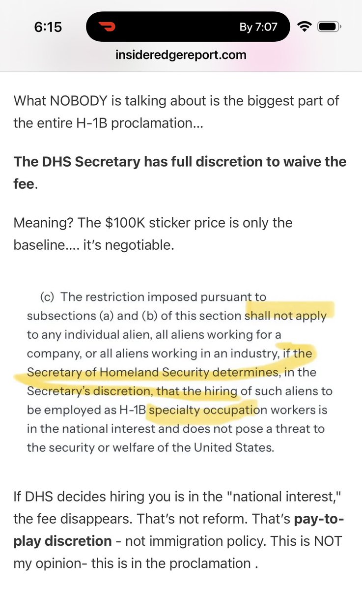 Loophole alert! 

The $100K H-1B fee everyone is celebrating? DHS can waive it entirely. On paper it’s $100K, but in practice it could be $0…all at the Secretary’s discretion.