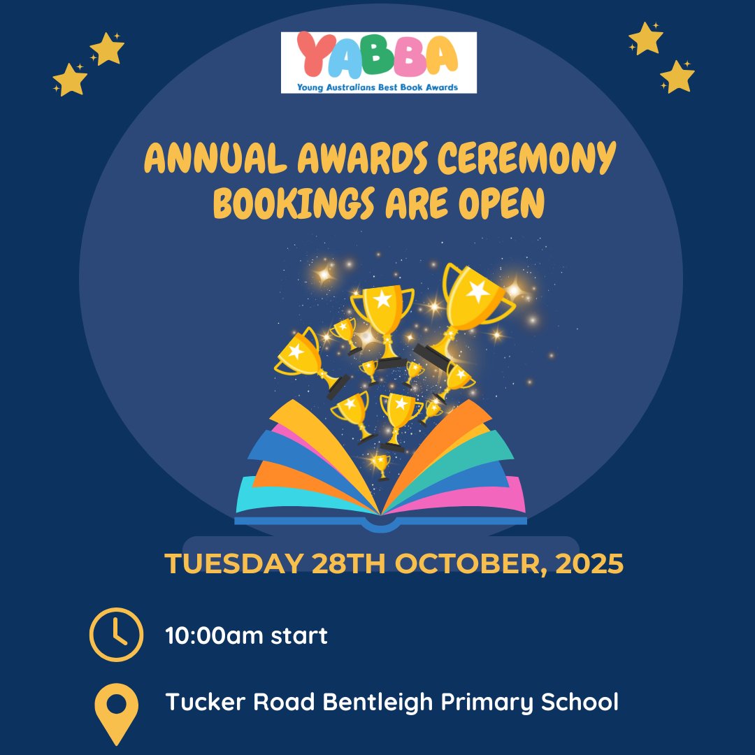 BOOK NOW for the 2025 YABBA Awards Ceremony. Register for free at yabba.org.au/awards-ceremony
Join us for a fun-filled day at Tucker Road Primary School on Tuesday 28th October. The winning books, as voted for by children, will be announced!