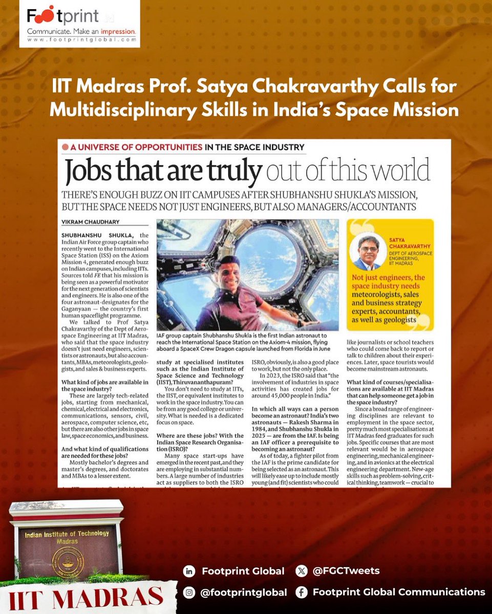 FGCTweets's tweet image. The buzz around space careers is growing rapidly on IIT campuses, especially after Shubhanshu Shukla’s mission success. But the space industry needs more than just engineers.
#Space #SpaceSector #SpaceTech #Technology #Careers #Innovation #Interview @iitmadras
