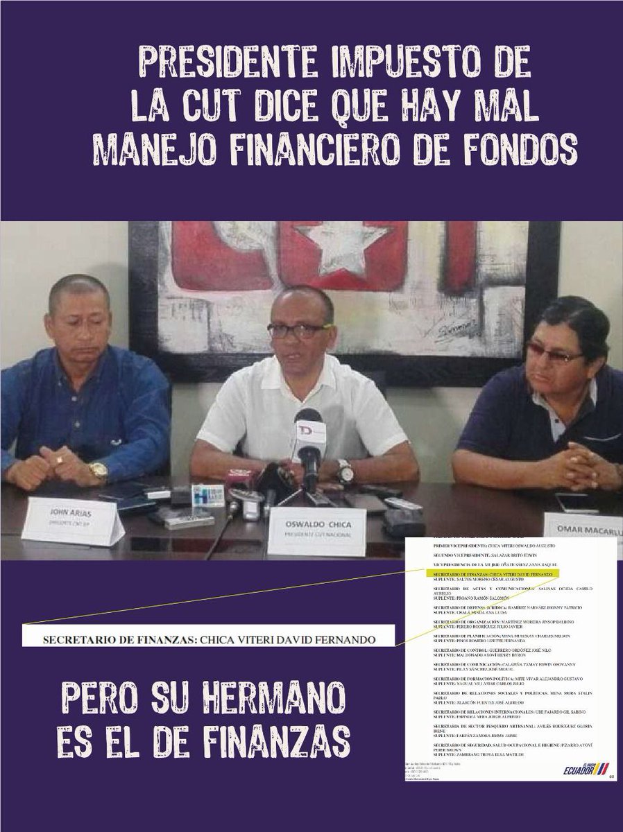 Karen Millan (@ke_h_h) on Twitter photo Oswaldo Chica (<a href="/oacv1964/">Oswaldo Chica</a>) es bobo y lo digo con pruebas. Dice que hay mal manejo de fondos en la <a href="/EcuadorCut/">CUT ECUADOR</a> cuando el que maneja desde hace mucho tiempos las finanzas de la organización es su hermano #Usurpadores Oswaldo Chica (<a href="/oacv1964/">Oswaldo Chica</a>) es bobo y lo digo con pruebas. Dice que hay mal manejo de fondos en la <a href="/EcuadorCut/">CUT ECUADOR</a> cuando el que maneja desde hace mucho tiempos las finanzas de la organización es su hermano #Usurpadores