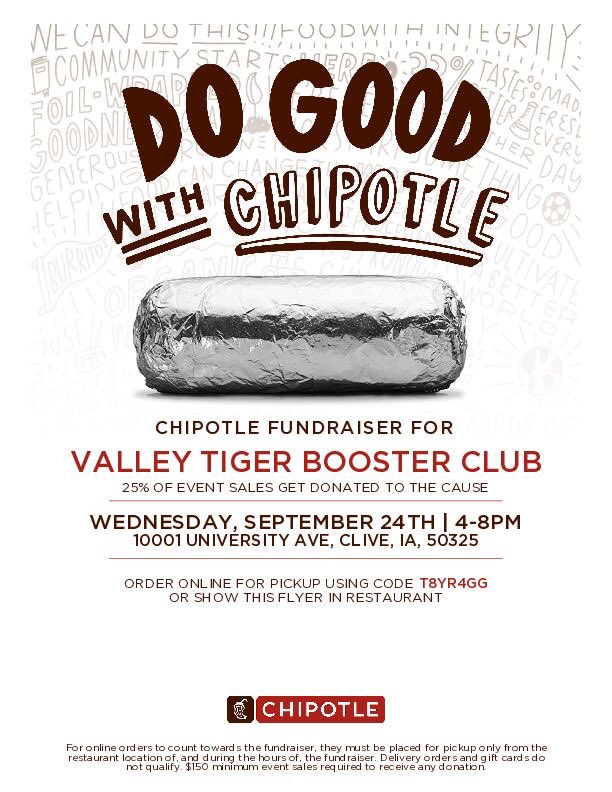 Eat Bold, Give Back! 
Spirit Night at Chipotle
Clive location only 
Wed. 9/24 
4-8 pm 
Order online for pickup using code  T8YR4GG or 
show this image if ordering in person