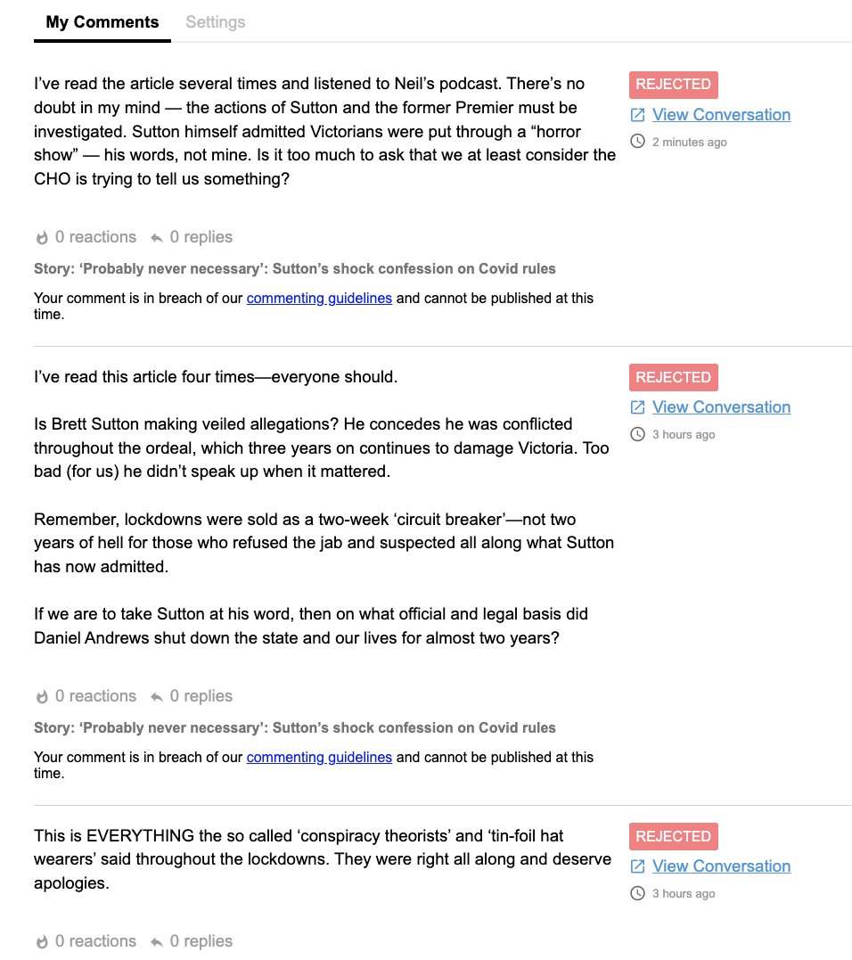 jacksonmoon's tweet photo. You be the judge. Do these comments breach anything that resembles 'Community Guidelines' or is a moderator employed by the Herald Sun running a protection ring around Andrews and Sutton?
#DanAndrews #BrettSutton https://t.co/5ZgaAdnSb9