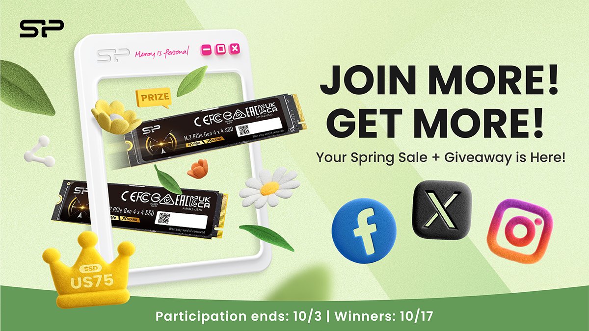 SiliconPowerEN's tweet image. 🔥 SPRING GIVEAWAY 🔥 
WIN a Premium 1TB SSD!
Easy entry:
✅ Follow @SiliconPowerEN 
✅ Like + Retweet
Upgrade your storage for FREE! 🚀

📌 T&amp;amp;C: Ends Oct 3. 1 winner. AU only. Not affiliated with FB/IG/X(Twitter).
#Giveaway #SSD #TechUpgrade #Gaming

#Giveaway  #Gaming