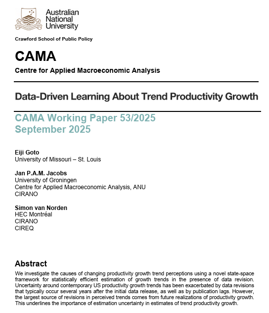 CAMacroAnalysis's tweet image. 📘 CAMA WP 53/2025 employs a novel state-space framework to examine evolving perceptions of U.S. productivity growth.

The most significant revisions in trend estimates are driven by future realizations of productivity.

🔗 bit.ly/47WKChE

#Productivity #EconResearch