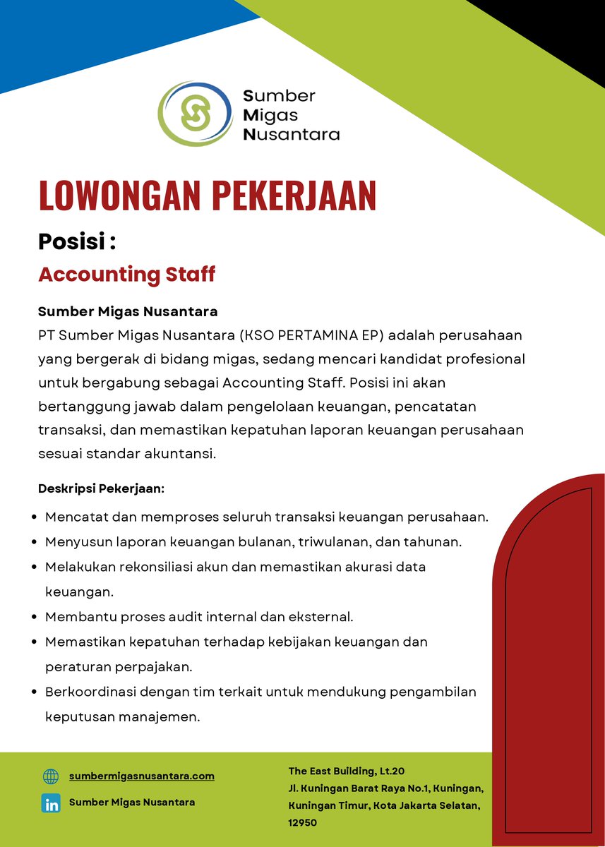 CDCUIcareer's tweet image. #JobVacancy PT Sumber Migas Nusantara
We&apos;re Hiring!
PT Sumber Migas Nusantara membuka kesempatan bagi lulusan S1 Akuntansi yang berkompeten dan berdedikasi untuk bergabung sebagai Accounting Staff!