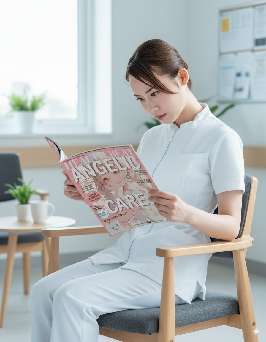 Chili_Pepper_A's tweet image. Konmariさんのプロンプトで作った雑誌を、私のXアイコン看護師が夢中で読んでます📖✨
どんな内容なのか気になりますね（笑）
#nanobanana 　#GoogleAIStudio