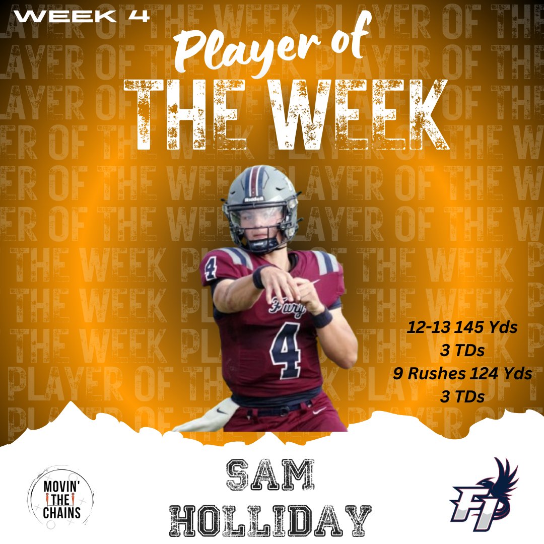 Movin’ The Chains (@movinchains) on Twitter photo Our Week 4 Players of the Week, insured by <a href="/TheGeorgeAgency/">The George Agency</a>, are here!
These three showed out with huge performances to earn this week's honors! Congrats to <a href="/GreysonRimpf/">Greyson Rimpf</a>, <a href="/DarrellLee2026/">DJ Lee</a>, & <a href="/sholliday_4/">Sam Holliday 2027 QB</a>! Something special is coming your way!
#schsfb #hsfb Our Week 4 Players of the Week, insured by <a href="/TheGeorgeAgency/">The George Agency</a>, are here!
These three showed out with huge performances to earn this week's honors! Congrats to <a href="/GreysonRimpf/">Greyson Rimpf</a>, <a href="/DarrellLee2026/">DJ Lee</a>, & <a href="/sholliday_4/">Sam Holliday 2027 QB</a>! Something special is coming your way!
#schsfb #hsfb