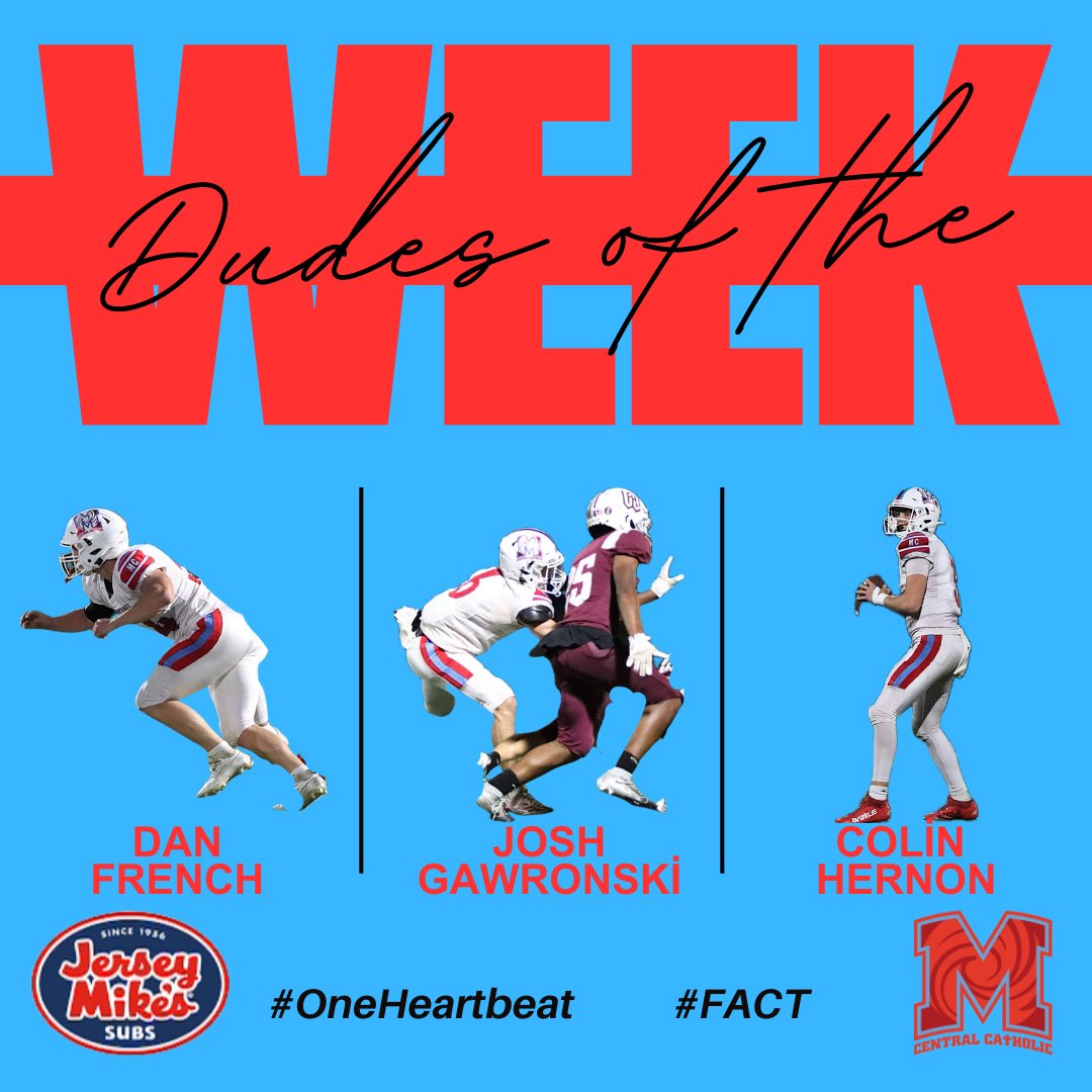 Marian Central Catholic HS Football (@mariancentralfb) on Twitter photo Every week we will name our three <a href="/jerseymikes/">Jersey Mike's Subs</a> Dudes of the Week. From this list will come our Jersey Mikeโs Player of the Week!
Congratulations to this weeks Dudes of the Week:
Dan French
Josh Gawronski
Colin Hernon
#OneHeartbeat #FACT #astudentabove #JerseyMikes Every week we will name our three <a href="/jerseymikes/">Jersey Mike's Subs</a> Dudes of the Week. From this list will come our Jersey Mikeโs Player of the Week!
Congratulations to this weeks Dudes of the Week:
Dan French
Josh Gawronski
Colin Hernon
#OneHeartbeat #FACT #astudentabove #JerseyMikes