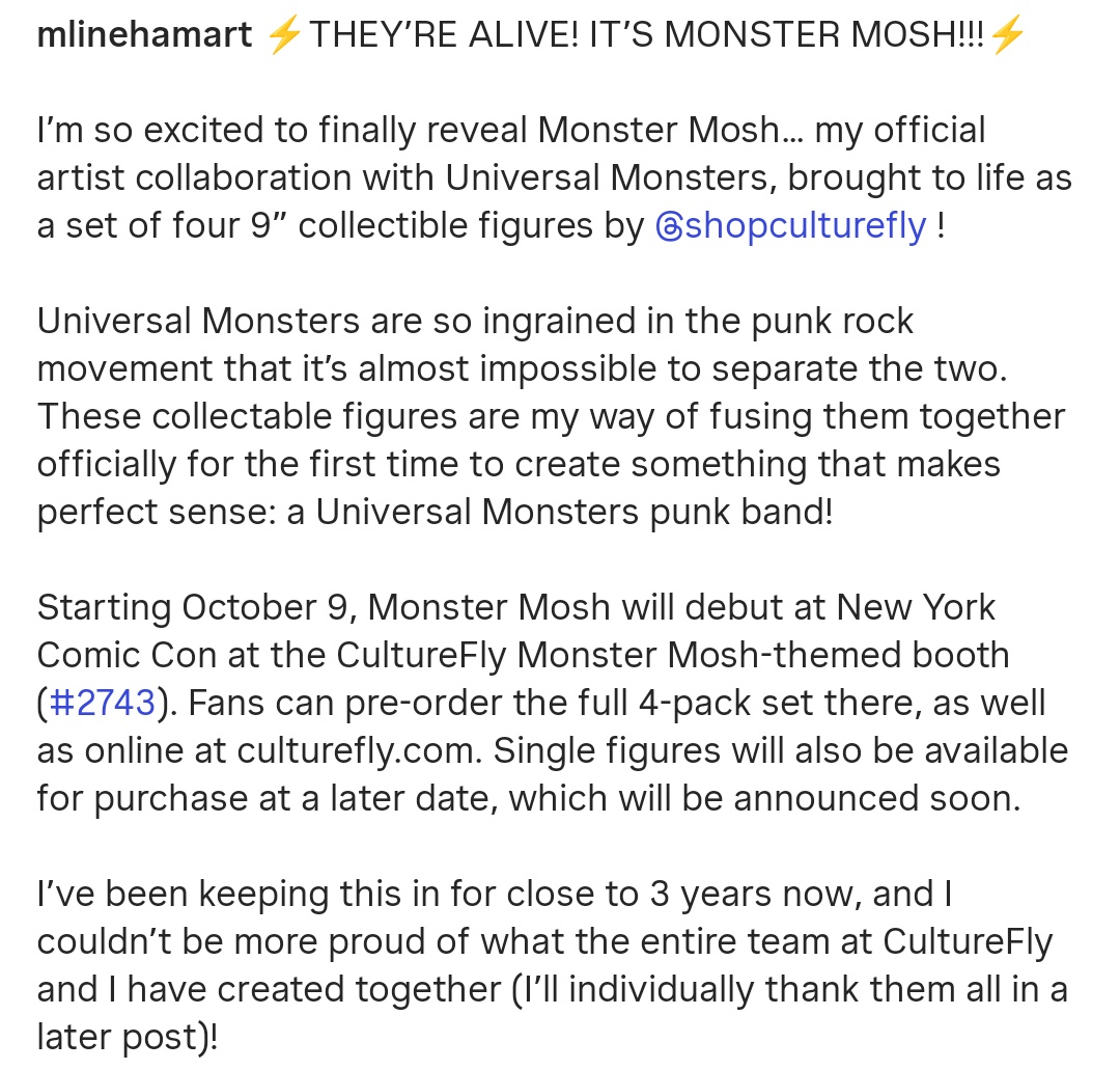Fun new project from our friend Matt Lineham.

"I'm so excited to finally reveal Monster Mosh... my official artist collaboration with Universal Monsters, brought to life as a set of four 9" collectible figures by <a href="/shopculturefly/">CultureFly</a>!"