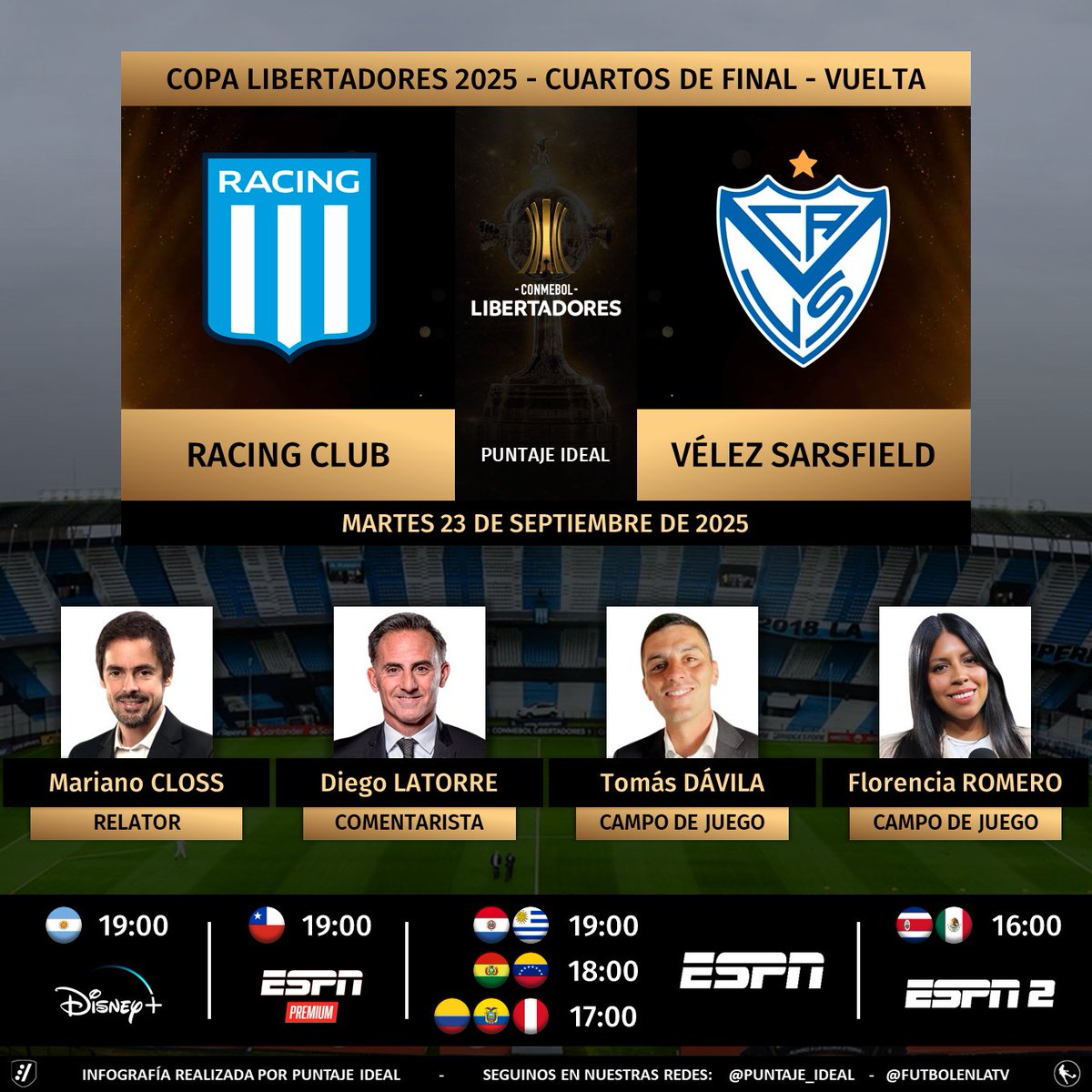 Puntaje Ideal (@puntaje_ideal) on Twitter photo ⚽ #Libertadores | 🇦🇷 #Racing vs. #Vélez 🇦🇷
🎙 Relator: Mariano Closs
🎙 Comentarista: <a href="/dflatorre/">Diego Latorre</a>
🎙 CdJ: <a href="/DavilaTomi/">Tomas Davila</a> - <a href="/florjuy_/">Flor Romero</a>
📺 #ESPNPremium Chile 🇨🇱
📺 #ESPN Sudamérica (❌🇦🇷🇨🇱)
📺 #ESPN2 Norte
💻📱 <a href="/disneyplusla/">Disney+ Latinoamérica</a>
🤳 #LIBERTADORESxESPN - #GloriaEterna
Dale RT 🔃 ⚽ #Libertadores | 🇦🇷 #Racing vs. #Vélez 🇦🇷
🎙 Relator: Mariano Closs
🎙 Comentarista: <a href="/dflatorre/">Diego Latorre</a>
🎙 CdJ: <a href="/DavilaTomi/">Tomas Davila</a> - <a href="/florjuy_/">Flor Romero</a>
📺 #ESPNPremium Chile 🇨🇱
📺 #ESPN Sudamérica (❌🇦🇷🇨🇱)
📺 #ESPN2 Norte
💻📱 <a href="/disneyplusla/">Disney+ Latinoamérica</a>
🤳 #LIBERTADORESxESPN - #GloriaEterna
Dale RT 🔃