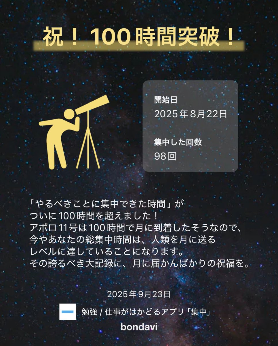 集中時間、100時間突破！
#bondavi
bondavi.jp/shuchu/