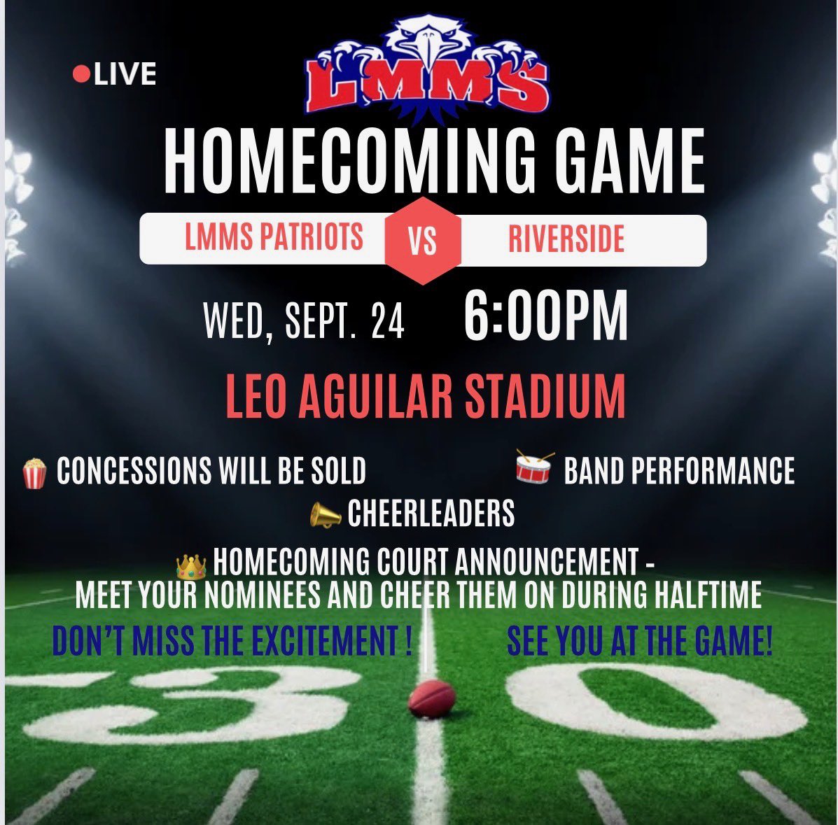 Liberty Memorial MS (@lmmspatriots) on Twitter photo Patriots, join us at Leo Aguilar this Wednesday for our LMMS Homecoming Game! Go Patriots! ππβ€οΈ <a href="/LMMSAthletic/">Liberty Memorial MS Athletics</a> Patriots, join us at Leo Aguilar this Wednesday for our LMMS Homecoming Game! Go Patriots! ππβ€οΈ <a href="/LMMSAthletic/">Liberty Memorial MS Athletics</a>