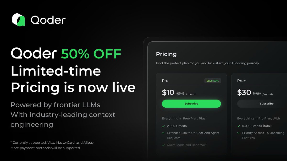 qoder_ai_ide's tweet image. One week since we launched paid plans. Thank you for the honest feedback 🙏
You asked, we listened: 50% OFF
- Pro: $20 → $10/mo
- Pro+: $60 → $30/mo
Your support means everything. This community-driven pricing is our way of saying thanks.
Limited time →…