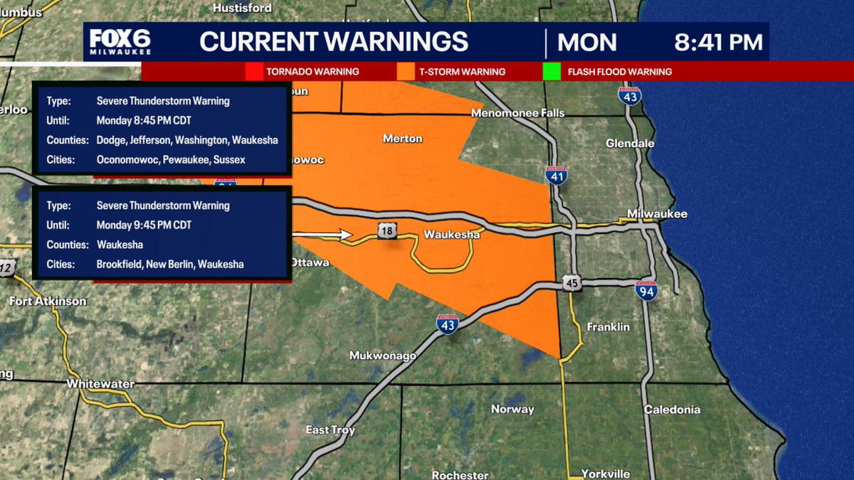 A Severe Thunderstorm Warning has been issued for parts of SE WI until 9/22 9:45PM. Make sure your cell phone emergency alerts are set to "ON." Tune into FOX6, Download the FOX6 Storm Center App &amp; FOX Local App for the latest information.