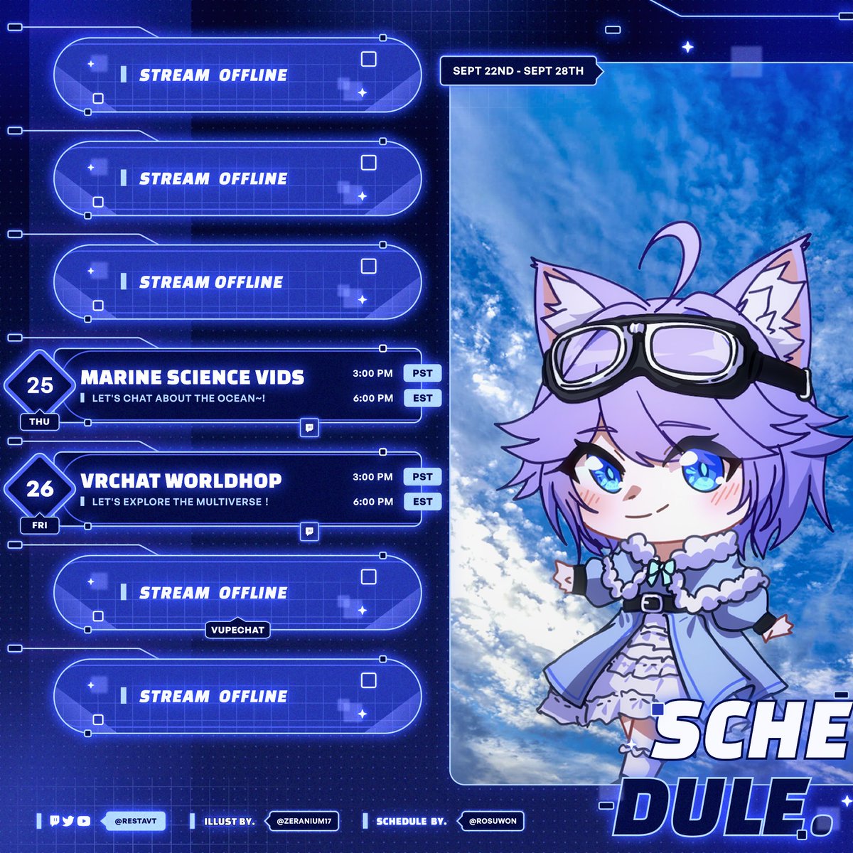 Schedule's up friends～！🗓️

As before, we've got Just Chatting on Thursday and something experimental on Friday！

This Friday I wanna take a jab at streaming VRChat with my new VTuber model～！ It's gonna be fun！
(۶•̀ᴗ•́)۶