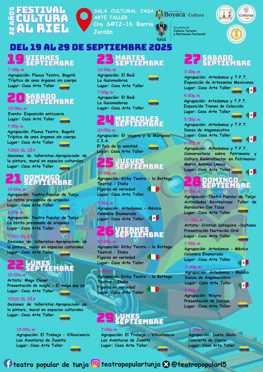 teatropopularl5's tweet photo. 🚇Festival Cultura al Riel,  "22 años en el andar cultural" #culturaalriel #teatropopular

🏛️ Apoya Ministerio de las Culturas las Artes y los Saberes.

🌳 Proyecto apoyado por la @SeCulturaBoyaca Programa Departamental de Concertación Cultural 2025.

⭐️#TunjaTierraFestivales https://t.co/IBiEJ8nbWJ