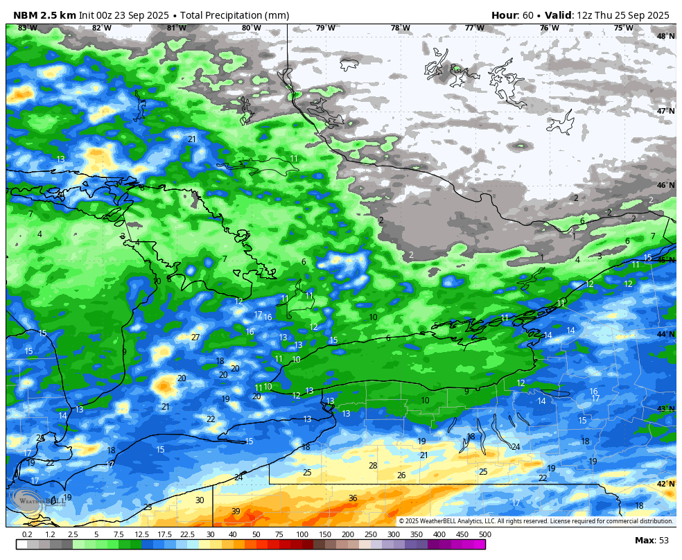 mrwx4caster's tweet photo. Updated outlook for rainfall potential (mm) from now out thru Thurs. 8AM (using 3 ensembles (NBM, WPC,EURO) & 1 deterministic CAN as an overview overall) There remains some uncertainty, due to the nature of the sun driven instability (showers/storms) & placement #onwx #onstrom https://t.co/0LwqpiMwum
