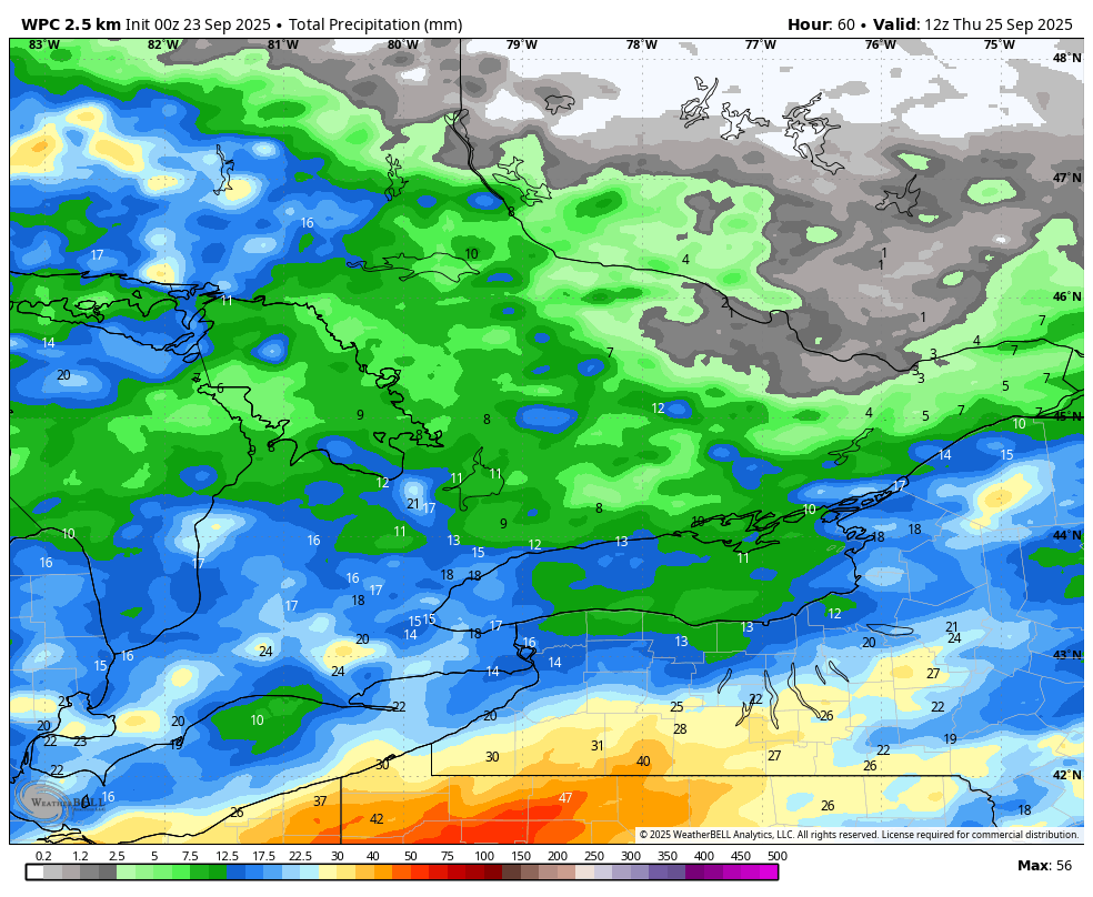 mrwx4caster's tweet photo. Updated outlook for rainfall potential (mm) from now out thru Thurs. 8AM (using 3 ensembles (NBM, WPC,EURO) & 1 deterministic CAN as an overview overall) There remains some uncertainty, due to the nature of the sun driven instability (showers/storms) & placement #onwx #onstrom https://t.co/0LwqpiMwum